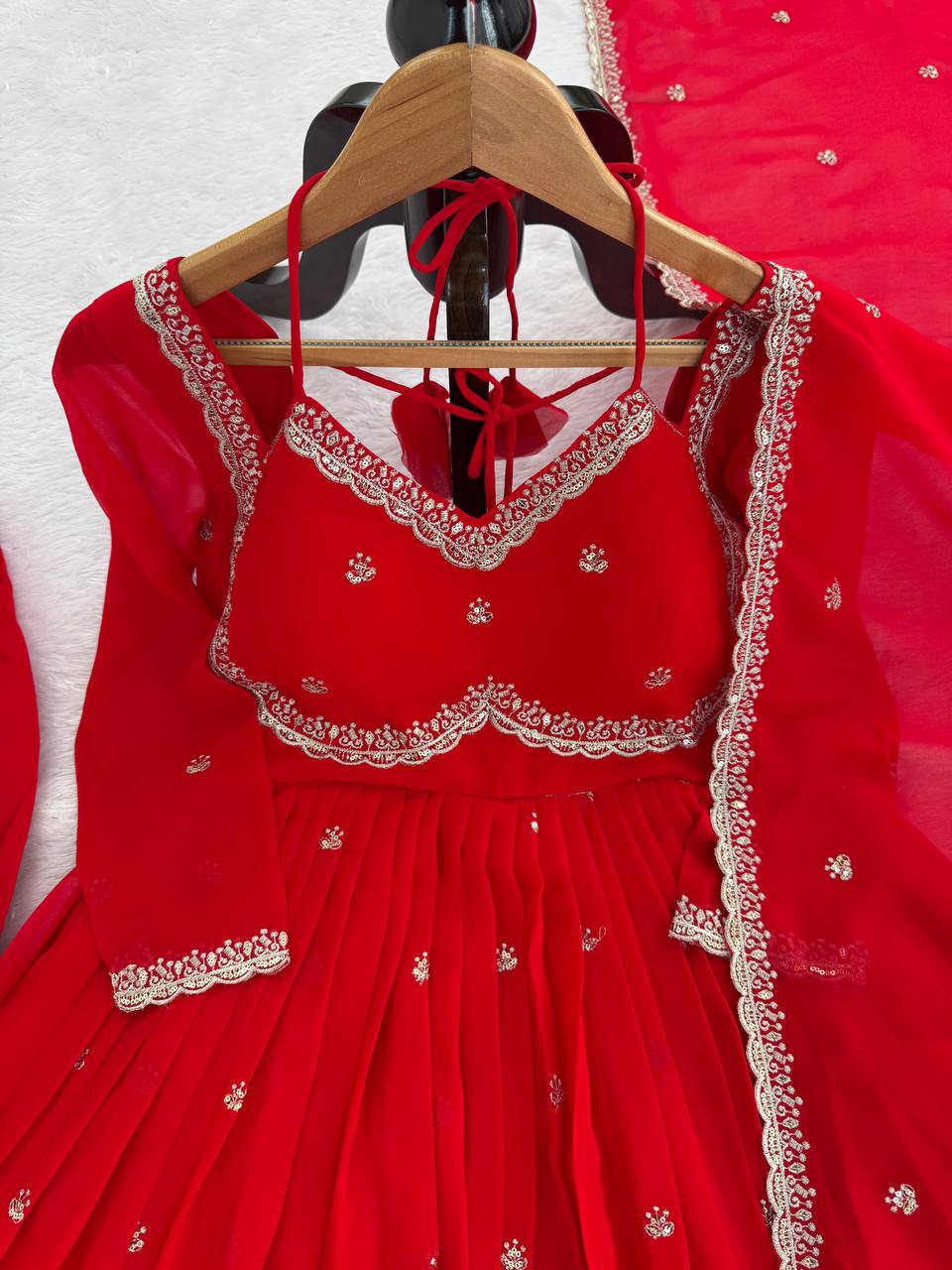 Neha's Red Color Faux Georgette Anarkali Gown Set