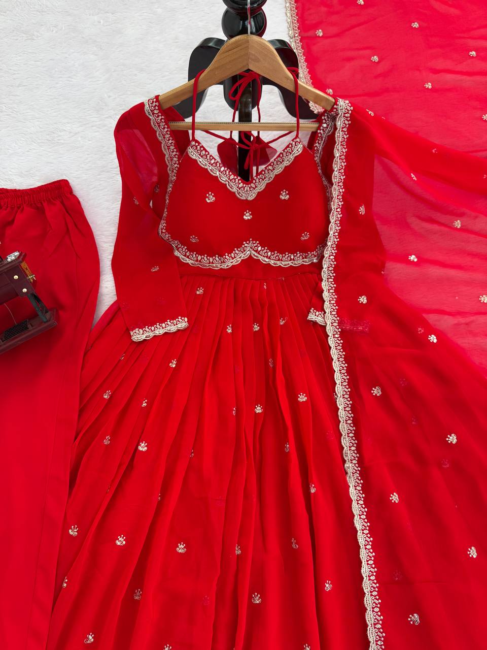 Neha's Red Color Faux Georgette Anarkali Gown Set