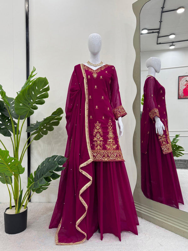 Party Wear Wine Color Faux Georgette And Thread With Sequence Work Palazzo Suit