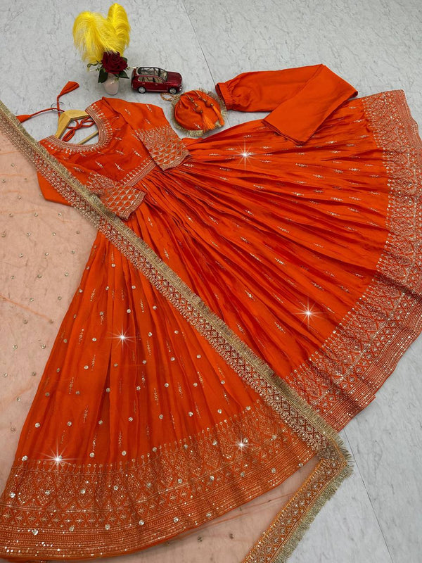 Admiring Orange Color Heavy Pure Chinon Silk  Embroidery Sequence Work Gown