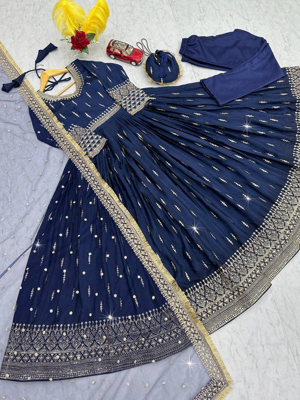 Admiring Navy Color Heavy Pure Chinon Silk Embroidery Sequence Work Gown