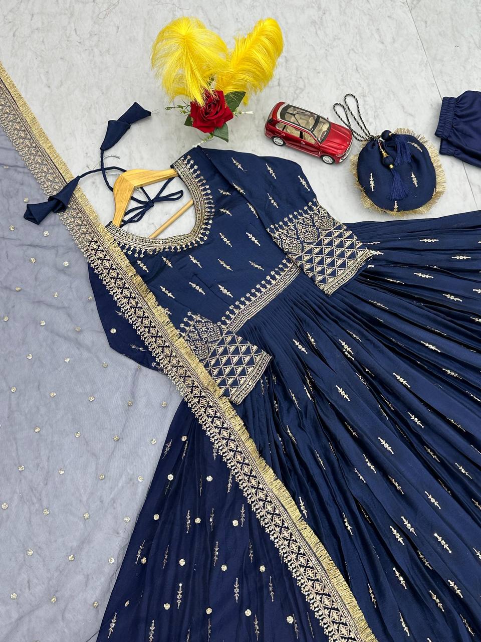 Admiring Navy Color Heavy Pure Chinon Silk Embroidery Sequence Work Gown