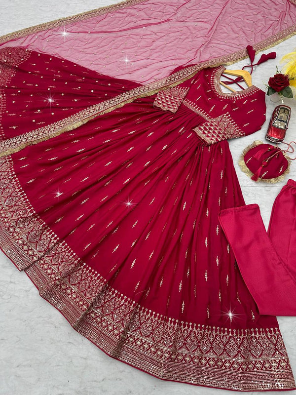 Admiring Pink Color Heavy Pure Chinon Silk Embroidery Sequence Work Gown