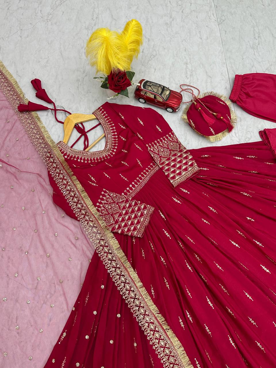 Admiring Pink Color Heavy Pure Chinon Silk Embroidery Sequence Work Gown