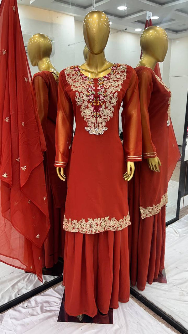 Ravishing Orange Color Heavy Faux Georgette With 5mm Embroidery Sequence Work Designer Palazzo Suit