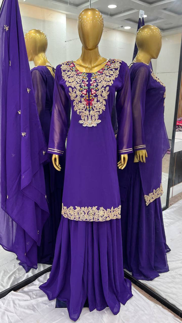Ravishing Blue Color Heavy Faux Georgette With 5mm Embroidery Sequence Work Designer Palazzo Suit