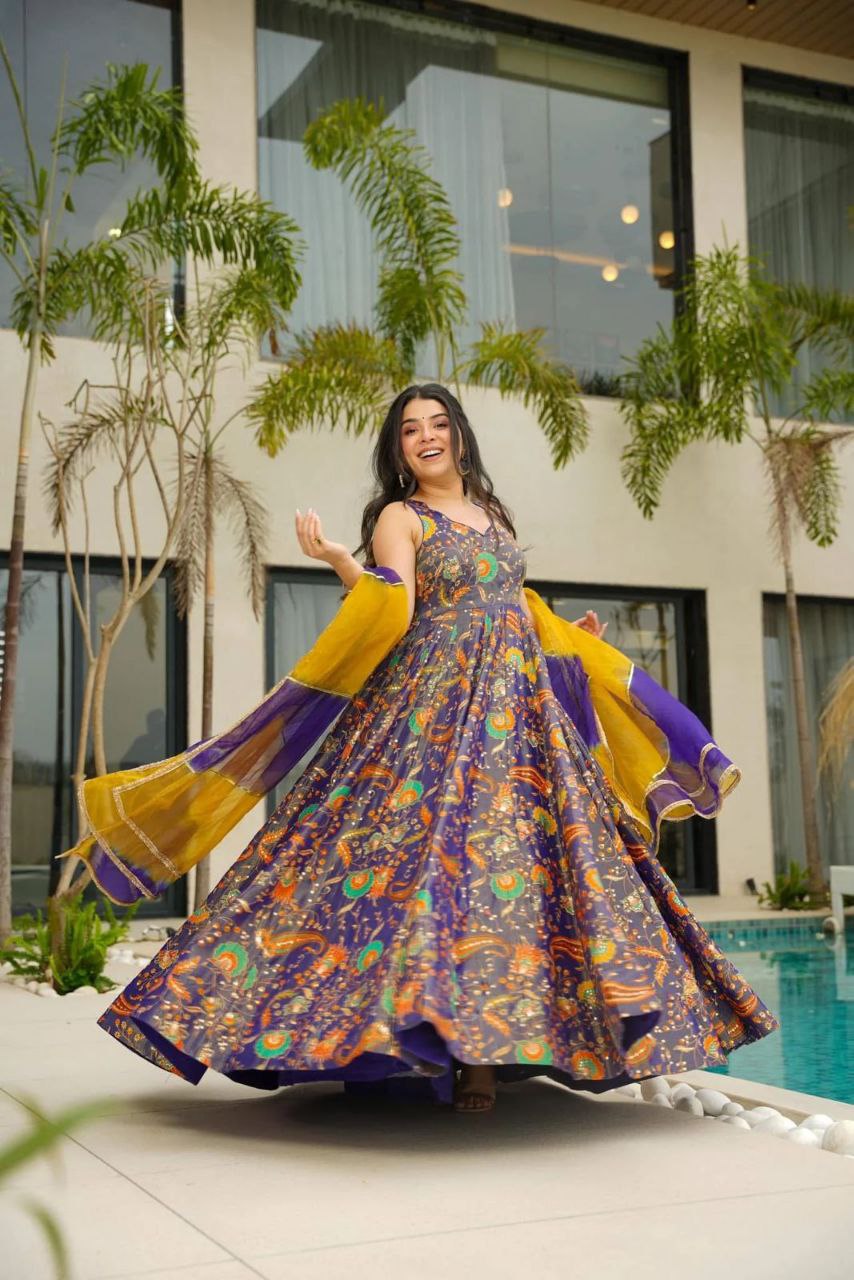 Function Wear Navy Blue Color Digital Printed Jimmy Organza Silk Anarkali Gown