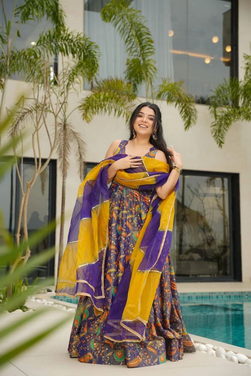 Function Wear Navy Blue Color Digital Printed Jimmy Organza Silk Anarkali Gown