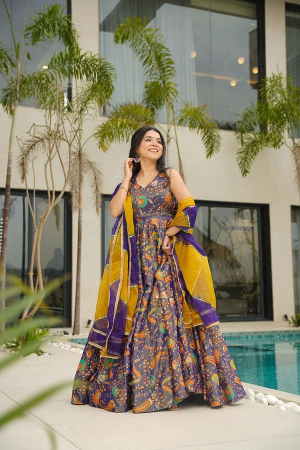 Function Wear Navy Blue Color Digital Printed Jimmy Organza Silk Anarkali Gown