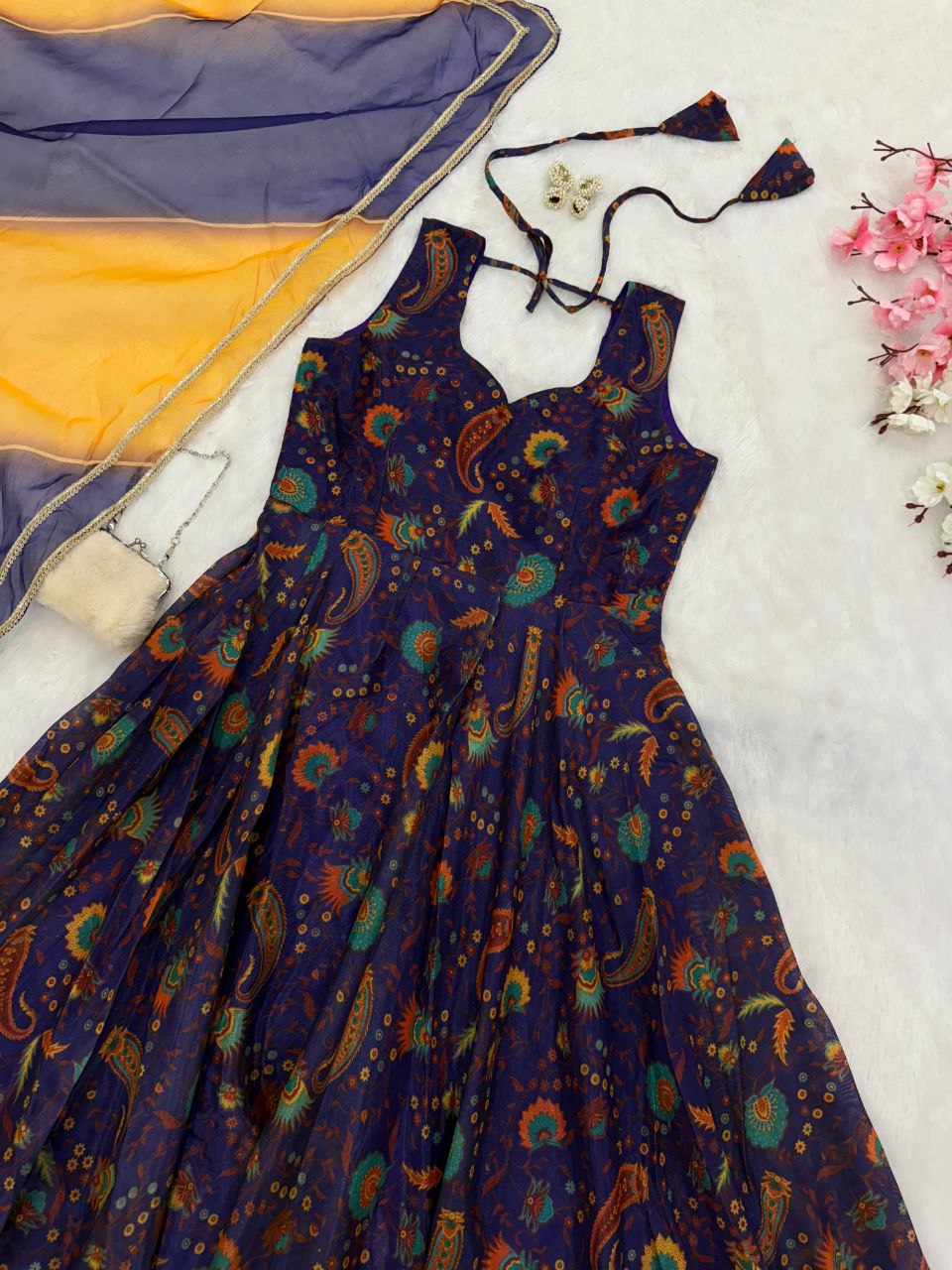 Function Wear Navy Blue Color Digital Printed Jimmy Organza Silk Anarkali Gown