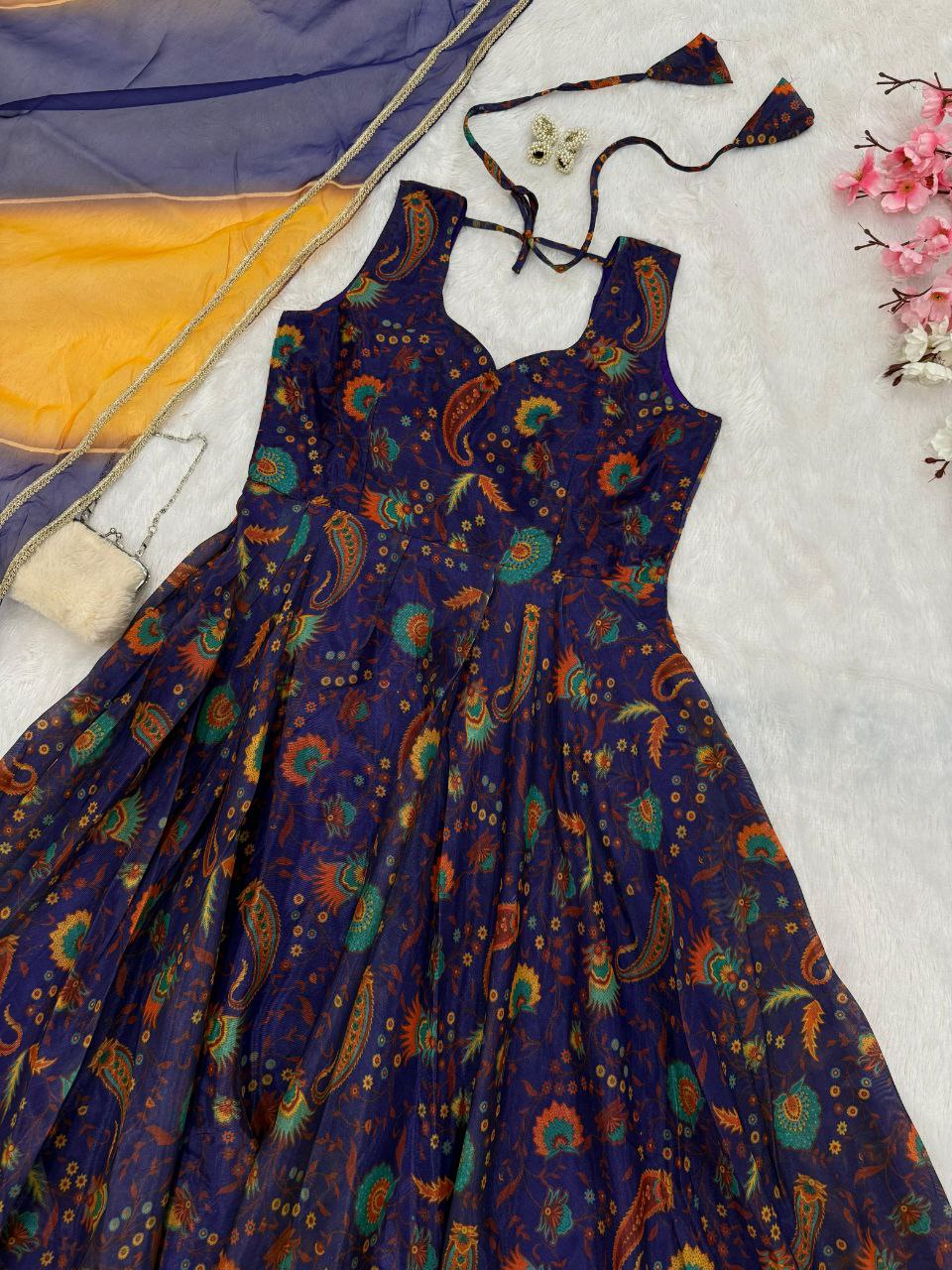 Function Wear Navy Blue Color Digital Printed Jimmy Organza Silk Anarkali Gown