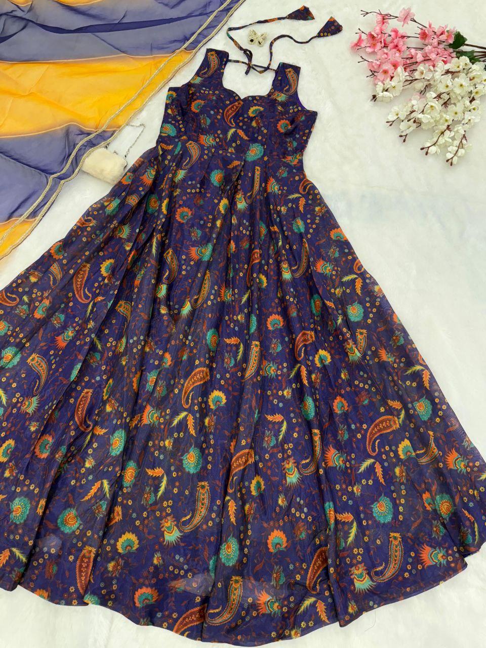 Function Wear Navy Blue Color Digital Printed Jimmy Organza Silk Anarkali Gown