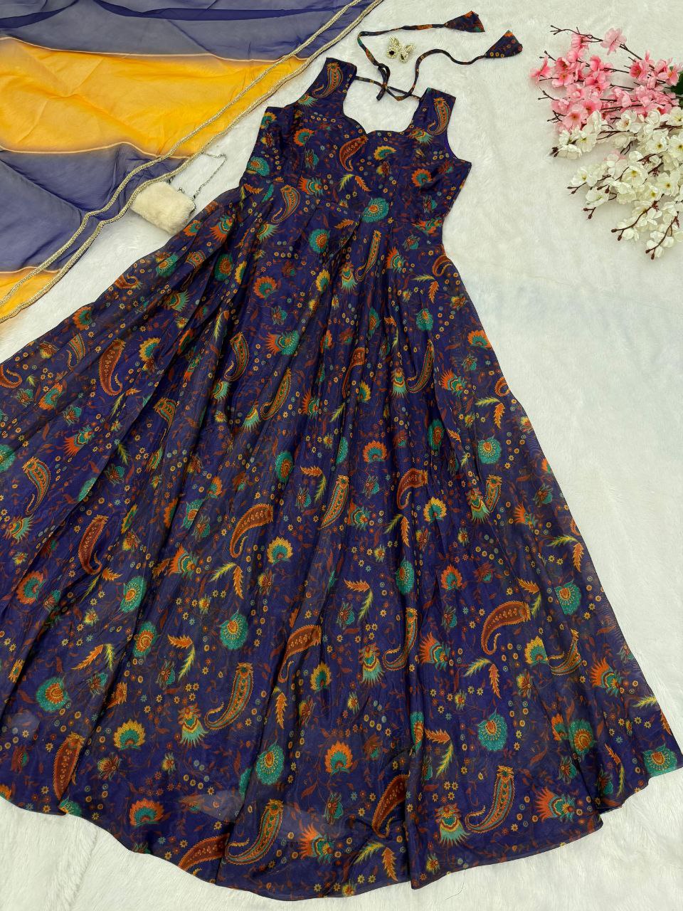 Function Wear Navy Blue Color Digital Printed Jimmy Organza Silk Anarkali Gown