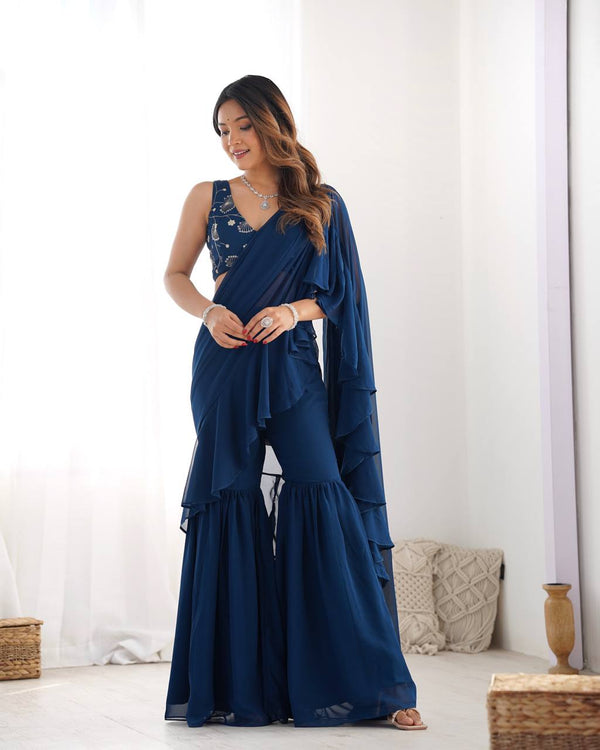 Function Wear Teal Blue Color Pure Fox Georgette Fabric,Fancy Work Ready To Wear Saree