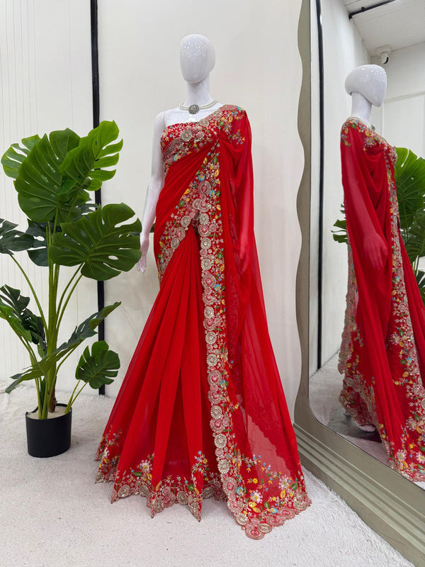 Delightful Red Color Faux Georgette Thread And Sequence Work Saree