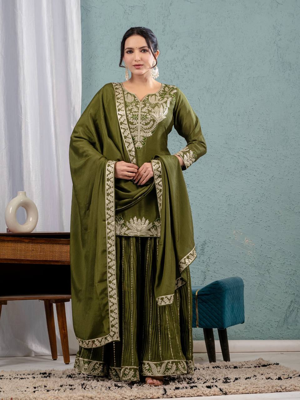Luxuriant Green Color Pure Heavy Chinon Silk With Heavy Embroidery Coding Sequence Work Sharara Suit
