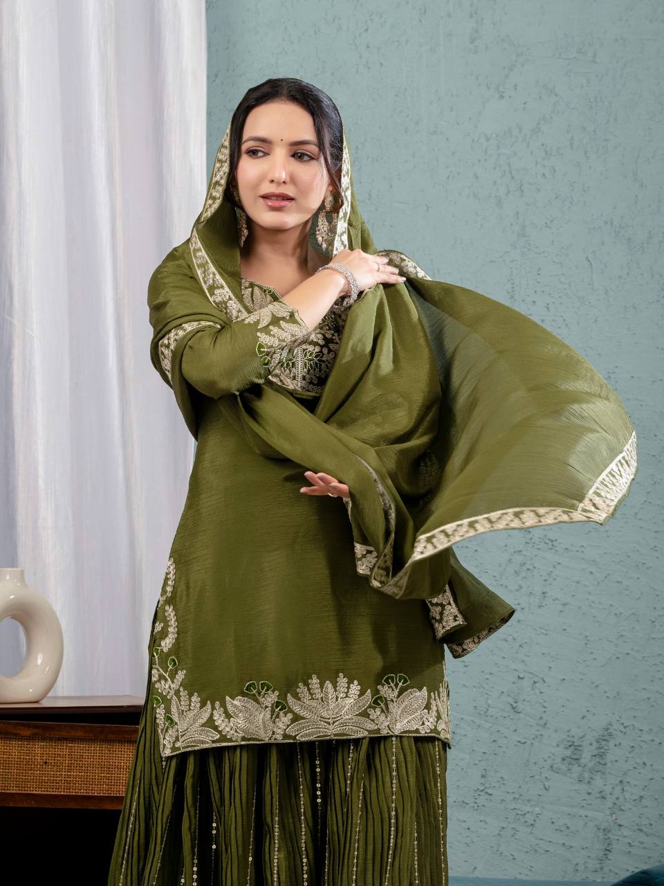 Luxuriant Green Color Pure Heavy Chinon Silk With Heavy Embroidery Coding Sequence Work Sharara Suit