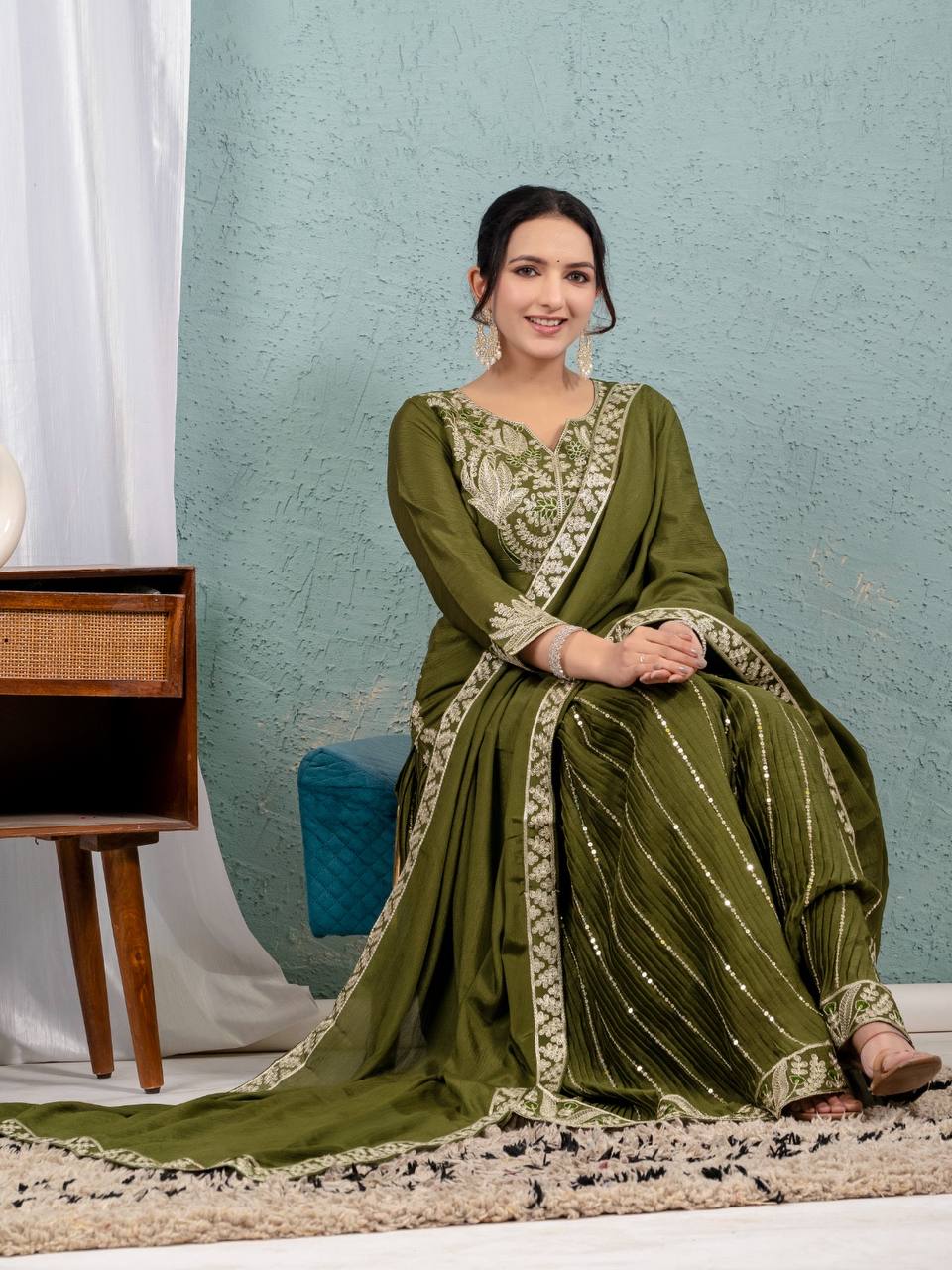 Luxuriant Green Color Pure Heavy Chinon Silk With Heavy Embroidery Coding Sequence Work Sharara Suit