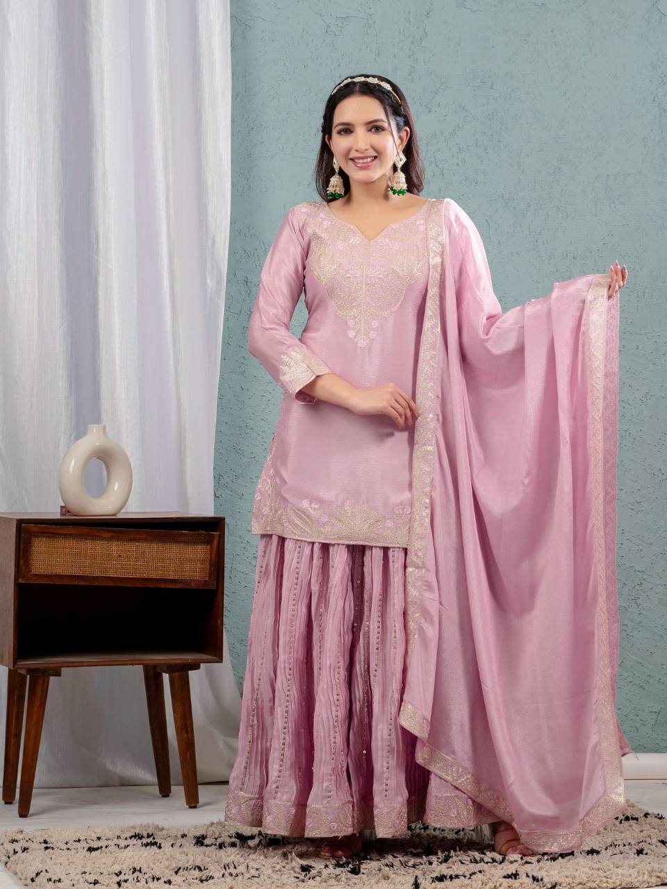 Luxuriant Peach Color Pure Heavy Chinon Silk With Heavy Embroidery Coding Sequence Work Sharara Suit