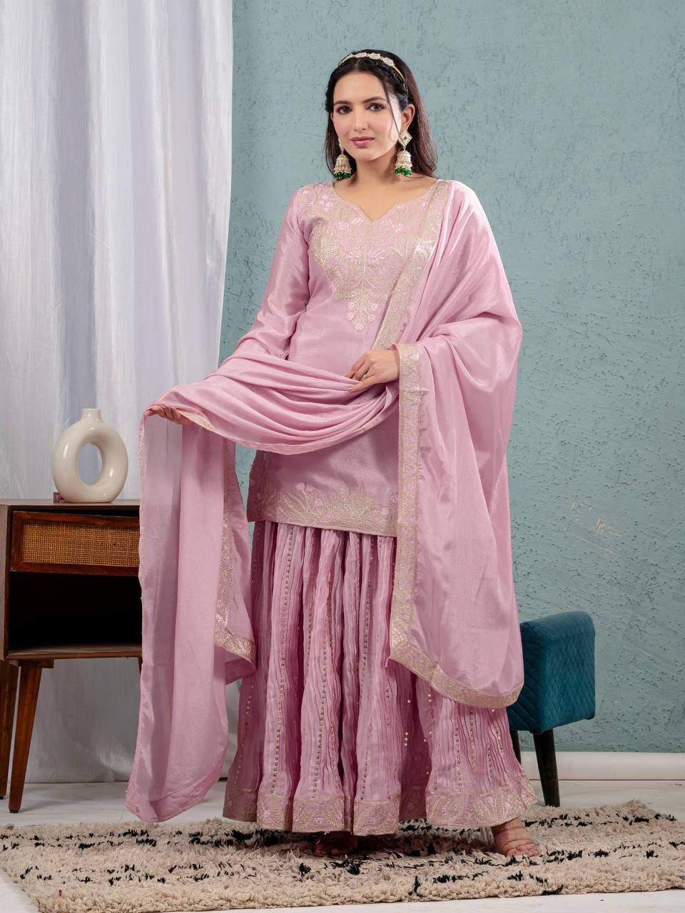 Luxuriant Peach Color Pure Heavy Chinon Silk With Heavy Embroidery Coding Sequence Work Sharara Suit