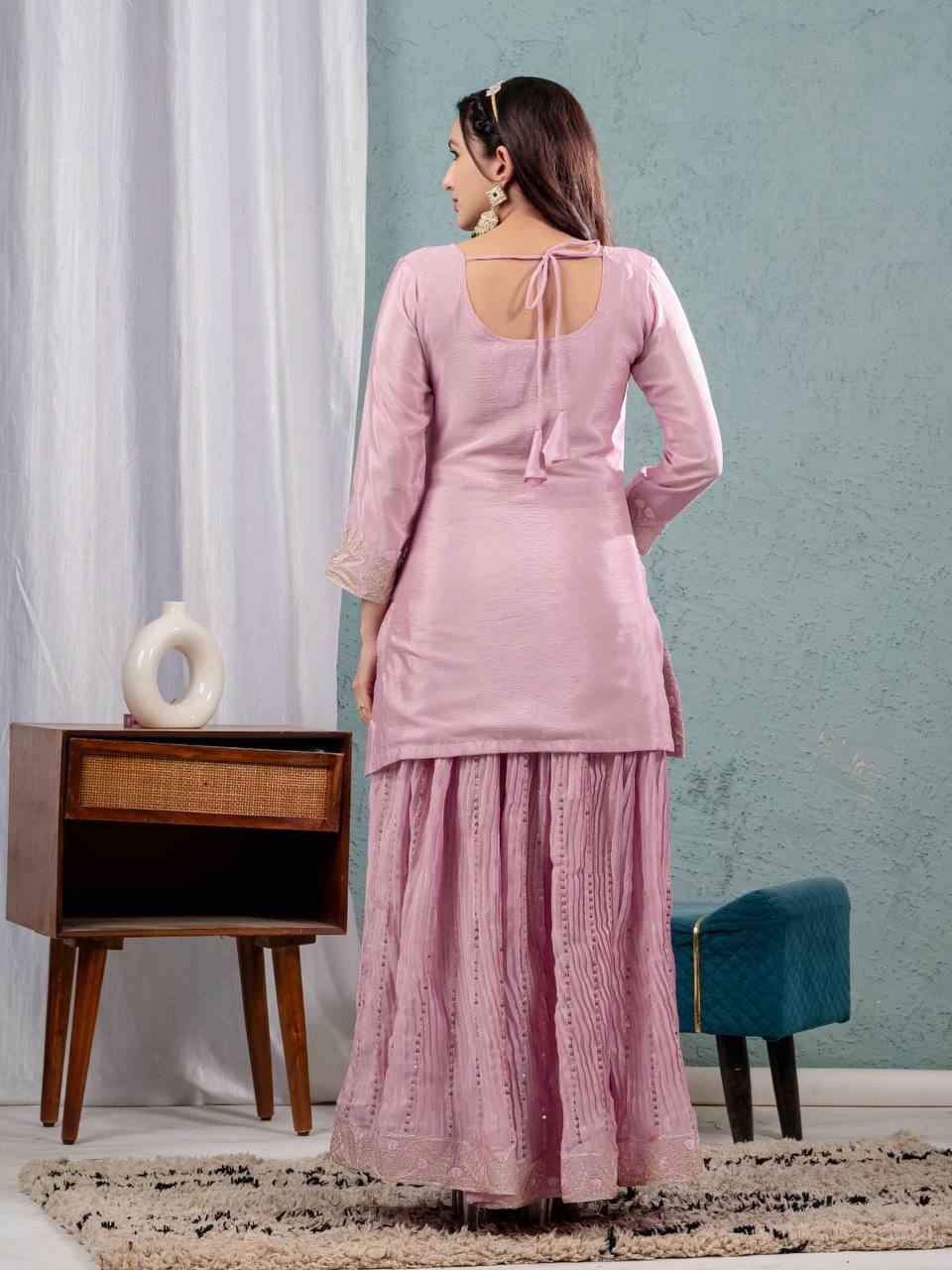 Luxuriant Peach Color Pure Heavy Chinon Silk With Heavy Embroidery Coding Sequence Work Sharara Suit