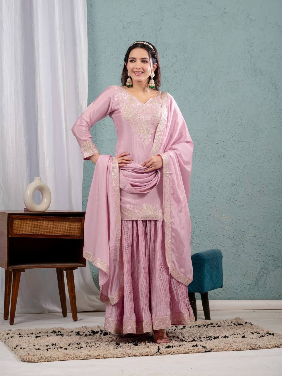 Luxuriant Peach Color Pure Heavy Chinon Silk With Heavy Embroidery Coding Sequence Work Sharara Suit