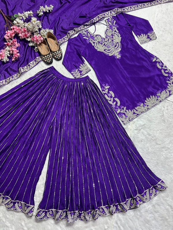 Royal Blue Color Pure Heavy Chinon Silk With Heavy Embroidery Coding Sequence Work Sharara Suit