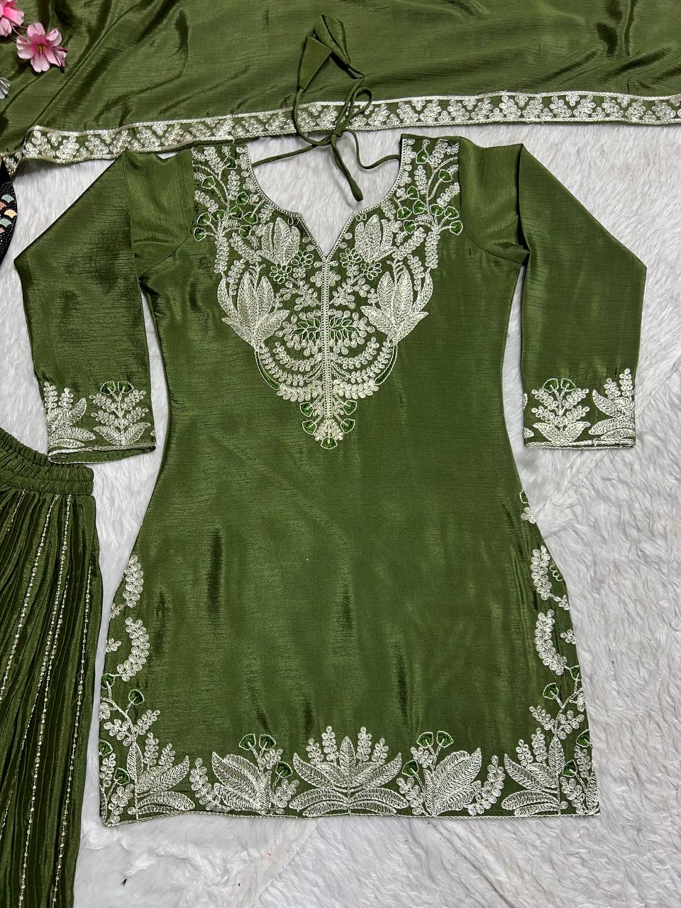 Luxuriant Green Color Pure Heavy Chinon Silk With Heavy Embroidery Coding Sequence Work Sharara Suit