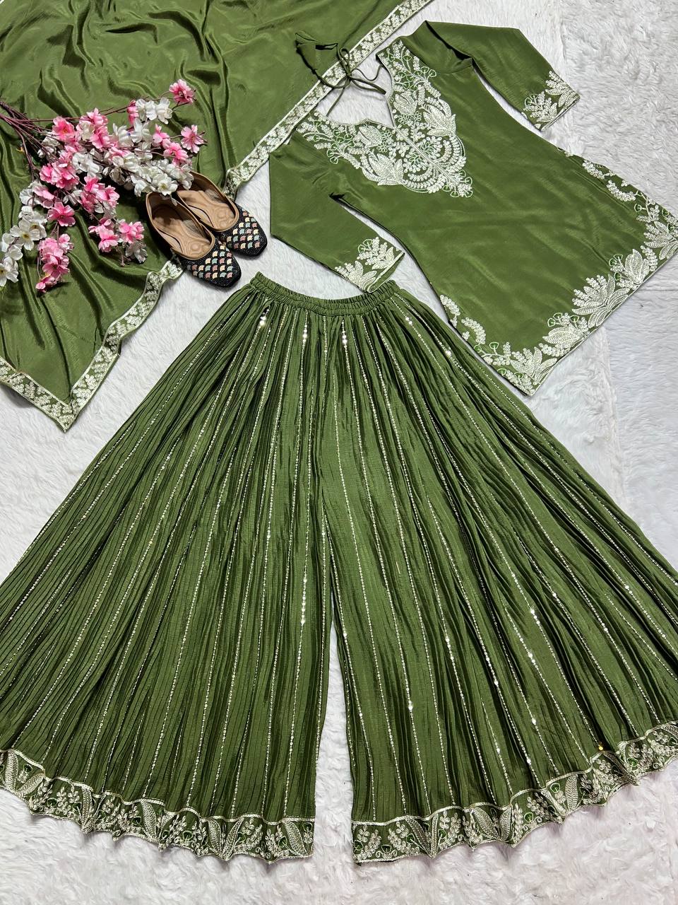 Luxuriant Green Color Pure Heavy Chinon Silk With Heavy Embroidery Coding Sequence Work Sharara Suit