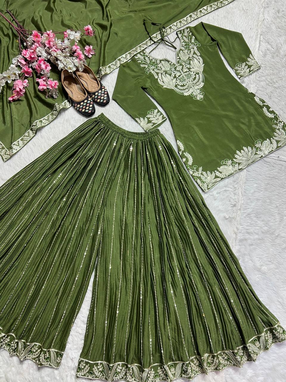 Luxuriant Green Color Pure Heavy Chinon Silk With Heavy Embroidery Coding Sequence Work Sharara Suit