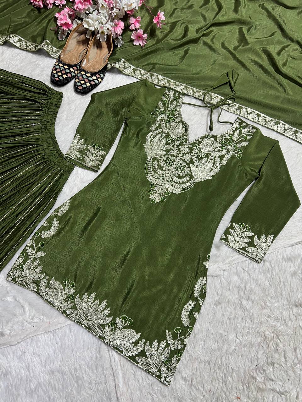 Luxuriant Green Color Pure Heavy Chinon Silk With Heavy Embroidery Coding Sequence Work Sharara Suit