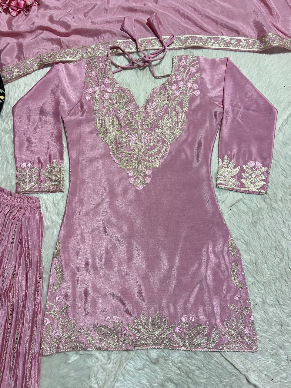 Luxuriant Peach Color Pure Heavy Chinon Silk With Heavy Embroidery Coding Sequence Work Sharara Suit