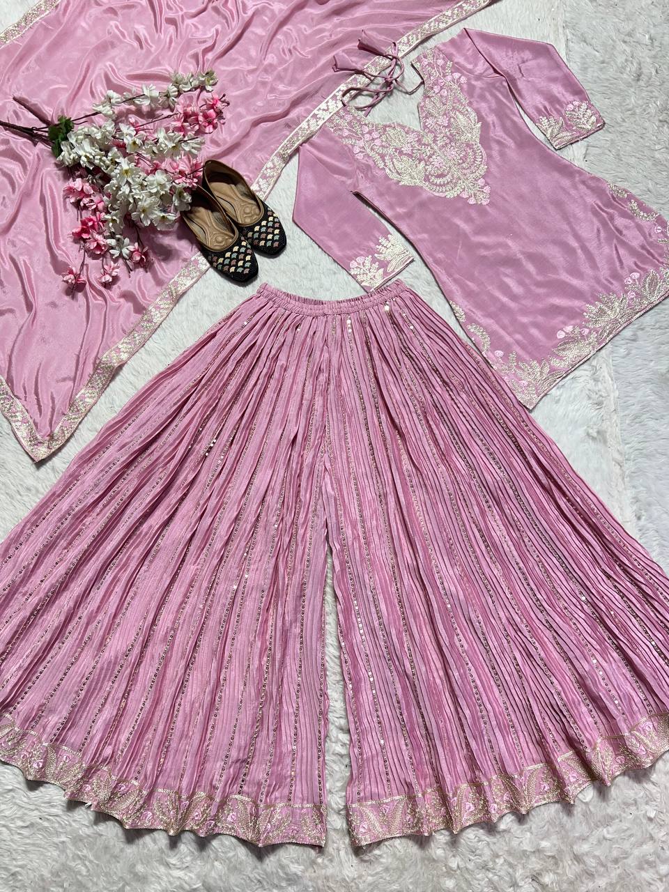 Luxuriant Peach Color Pure Heavy Chinon Silk With Heavy Embroidery Coding Sequence Work Sharara Suit