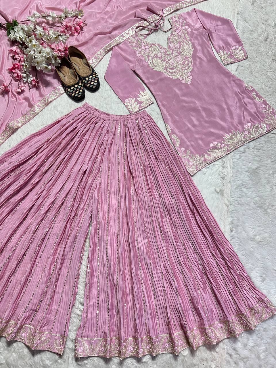 Luxuriant Peach Color Pure Heavy Chinon Silk With Heavy Embroidery Coding Sequence Work Sharara Suit