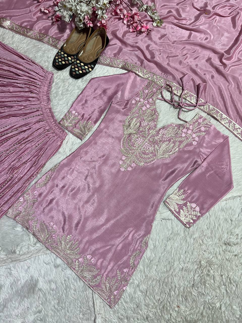 Luxuriant Peach Color Pure Heavy Chinon Silk With Heavy Embroidery Coding Sequence Work Sharara Suit