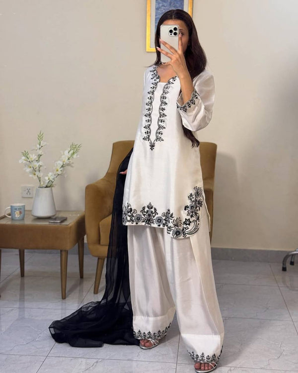 Casual Wear White Color Pure Natural Crepe With Beads Hand Work Embroidery Work Palazzo Suit