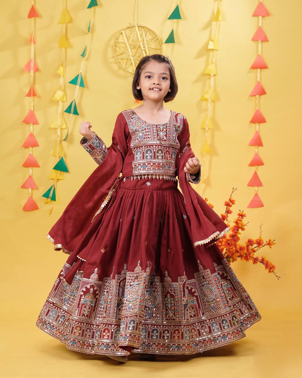 Wedding Wear Maroon Color Embroidered Lehenga Choli Set for Girls