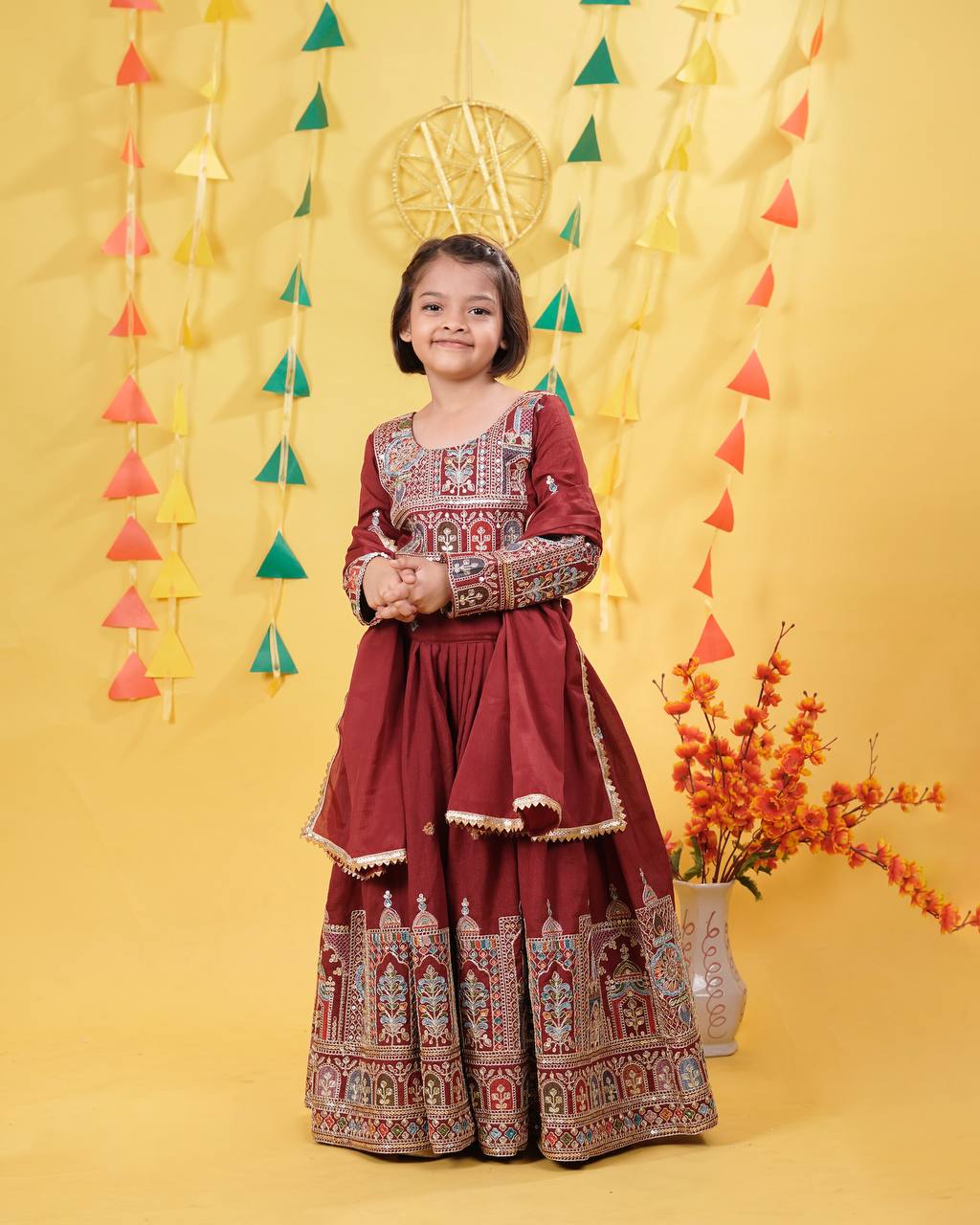 Wedding Wear Maroon Color Embroidered Lehenga Choli Set for Girls