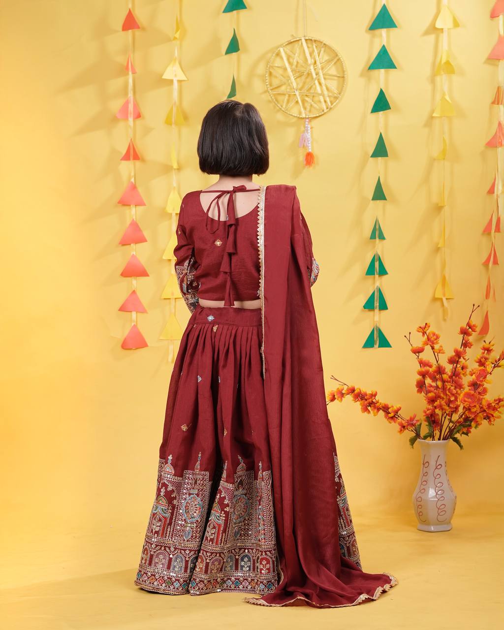 Wedding Wear Maroon Color Embroidered Lehenga Choli Set for Girls