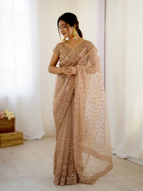 Party Wear Beige Color Net With Sequins Dori Work Designer Saree