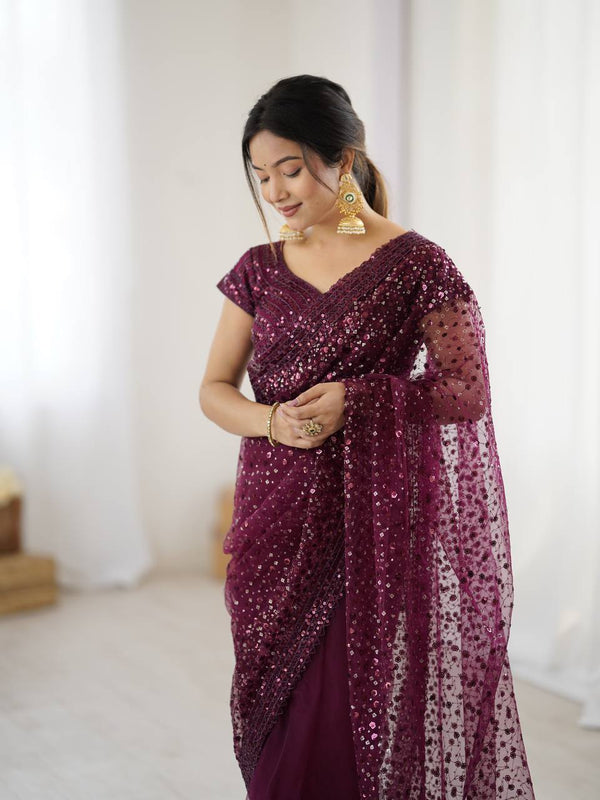 Party Wear Wine Color Net With Sequins Dori Work Designer Saree