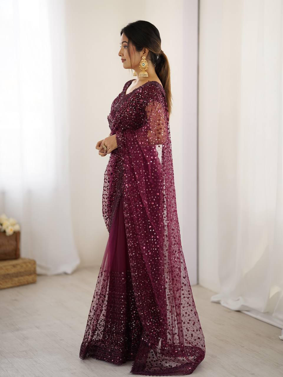 Party Wear Wine Color Net With Sequins Dori Work Designer Saree ...