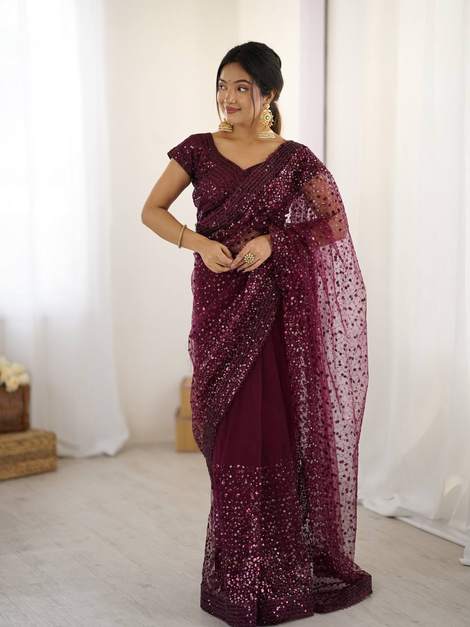 Party Wear Wine Color Net With Sequins Dori Work Designer Saree ...