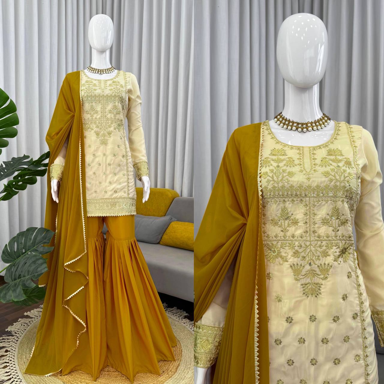 Function Wear Mustard Color Natural Crepe Sharara Set