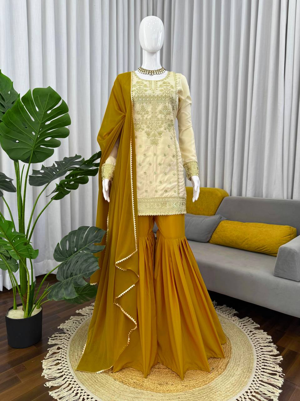 Function Wear Mustard Color Natural Crepe Sharara Set