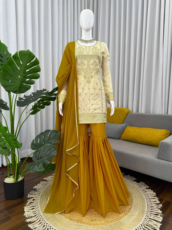 Function Wear Mustard Color Natural Crepe Sharara Set
