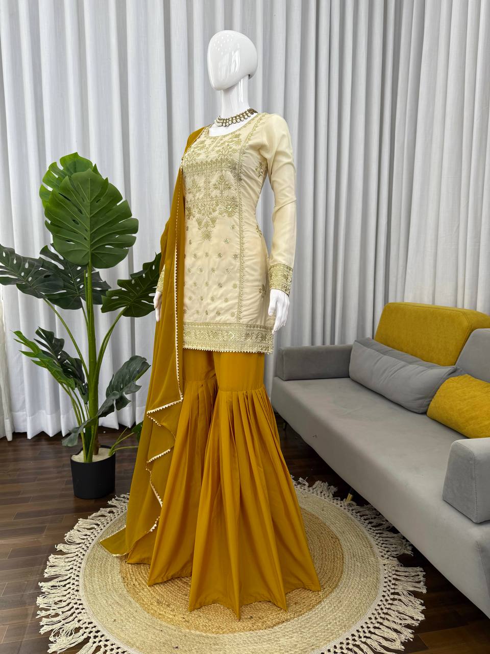 Function Wear Mustard Color Natural Crepe Sharara Set