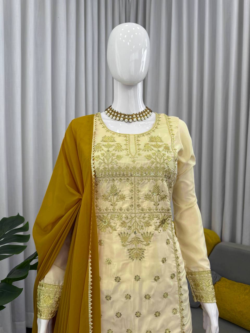 Function Wear Mustard Color Natural Crepe Sharara Set