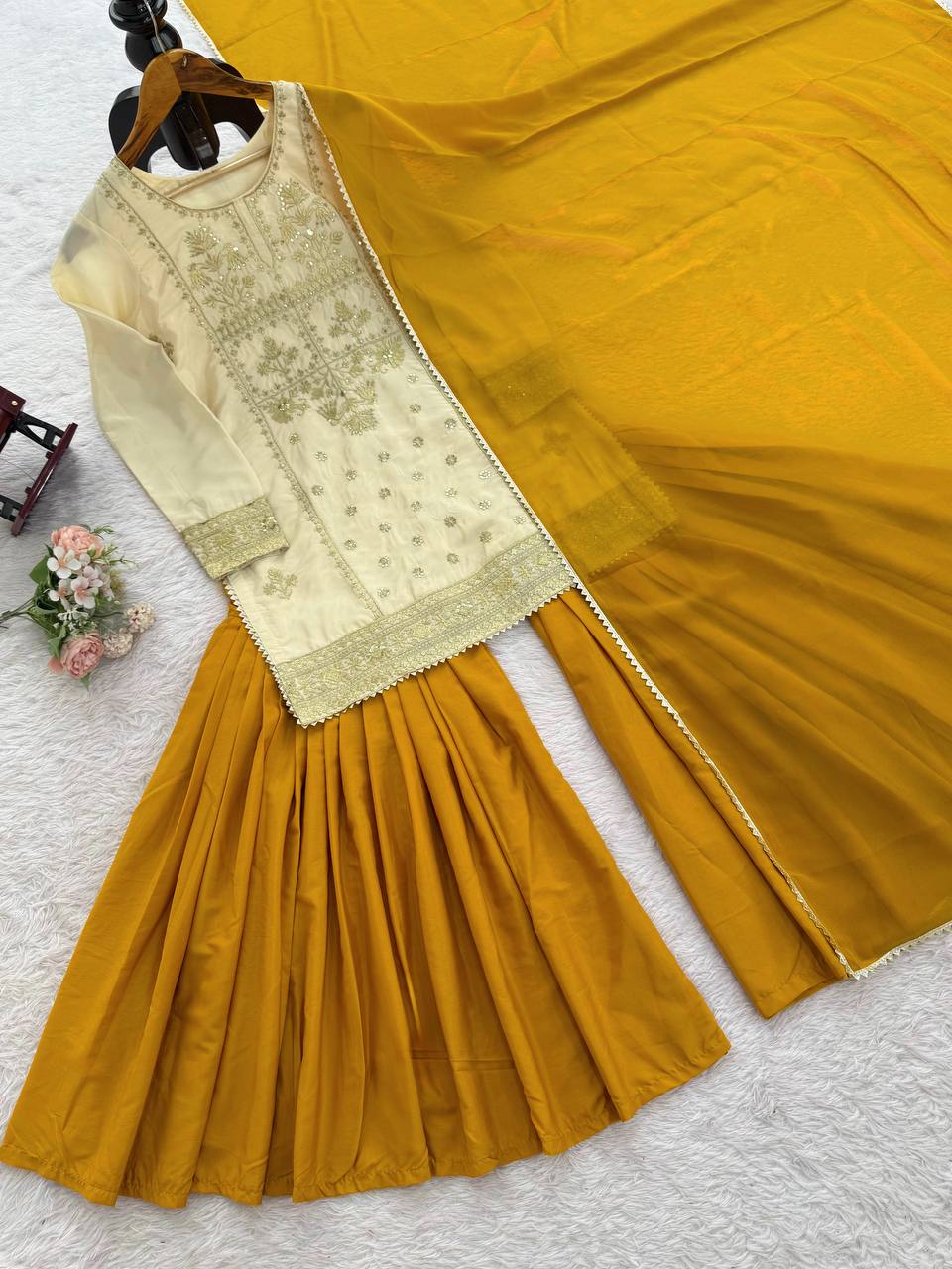 Function Wear Mustard Color Natural Crepe Sharara Set