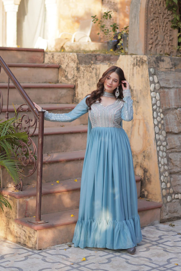 Demanding Sky Blue Color Star Georgette With Embroidery Beads Sequins Work Designer Gown